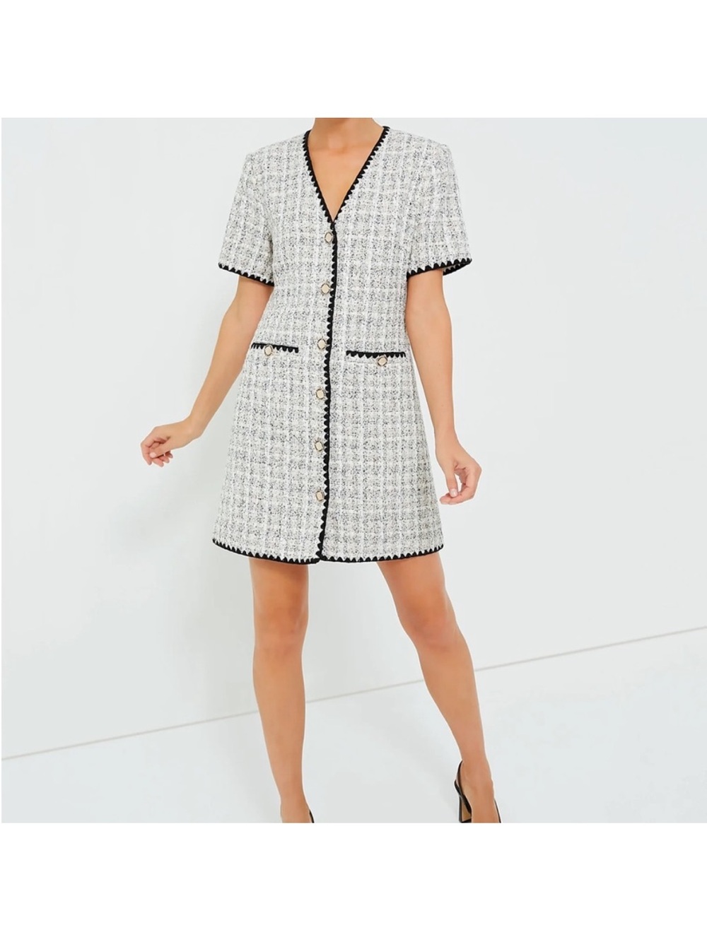 Tuckernuck Pomander Place White and Black Tweed V-Neck Mini Dress